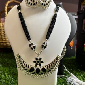 Traditional Assamese "জোনবিৰি" (Junbiri) Jet Black & Silver Jewelry Set