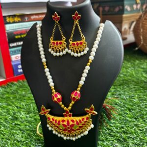 Elegant Pearl & Ruby Red Crescent Motif Jewelry Set