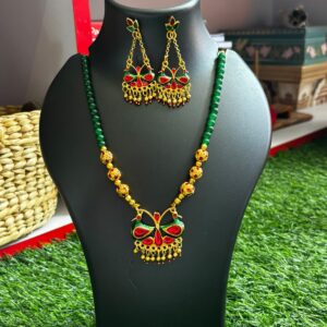 Traditional Peacock Motif Green Beaded Jewelry Set