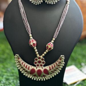 Traditional Assamese "জোনবিৰি" (Junbiri) Ruby Red & Silver Jewelry Set