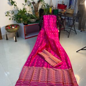 Royal Rani Pink Pure Pat Mekhela Sador with Toss Work