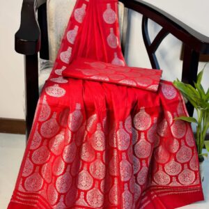 Elegant Premium Red & Silver Mekhela Sador (Powerloom)