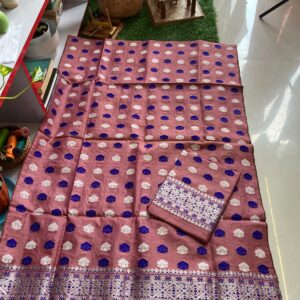 Handwoven Pure Dyed Toss Silk Mekhela Sador in Onion Pink & Royal Blue