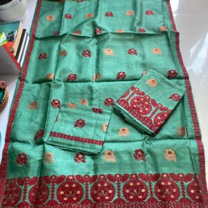 Pure Dyed Toss Silk Mekhela Sador in Sea Green & Maroon