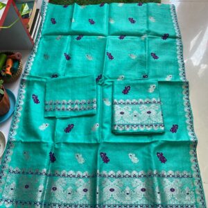 Pure Dyed Toss Silk Mekhela Sador in Mint Green & Purple-Silver
