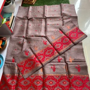 Pure Dyed Toss Silk Mekhela Sador in Coffee Brown & Red-Orange