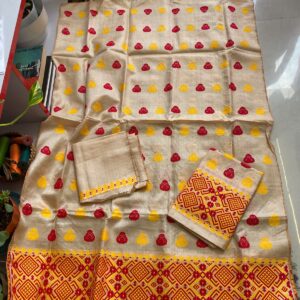 Pure Dyed Toss Silk Mekhela Sador in Beige-Gold with Vibrant Red & Yellow