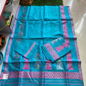 Pure Dyed Toss Silk Mekhela Sador in Firoza Blue & Pink-Silver