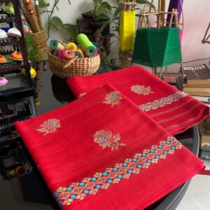 Red Cotton Kesapat Mekhela Sador with Ghisa and Sky Blue Mina Work