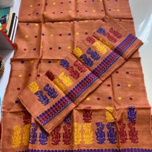 Pure Dyed Toss Silk Mekhela Sador in Terracotta Rust & Multi-Color Work