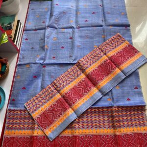 Pure Dyed Toss Silk Mekhela Sador in Slate Blue & Crimson Red