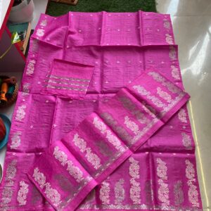 Pure Dyed Toss Silk Mekhela Sador in Rani Pink & Silver-Guna
