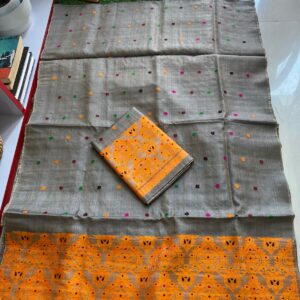 Pure Dyed Toss Silk Mekhela Sador in Taupe Grey & Vibrant Orange