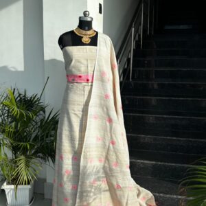 Exclusive Raw Eri Silk Mekhela Sador Set | Vibrant Pink Motif Detailing & Intricate Sella Work (Ready-to-Wear)